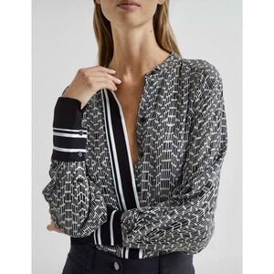 Reiss Ivy Black White Geometric Print Band Collar Blouse Cuffed Shirt Size 8